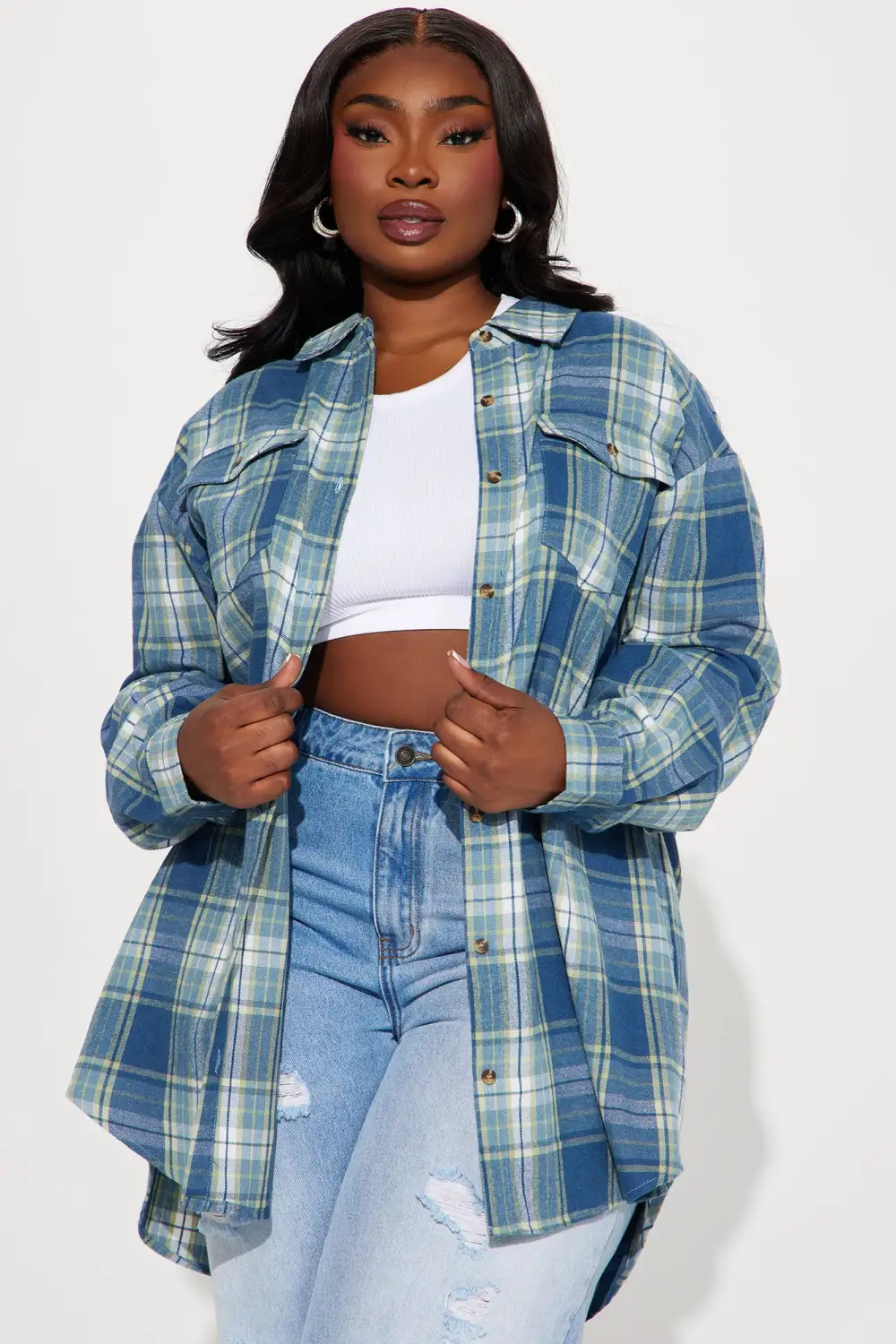 Pretty in Plaid Oversized Flannel Top - Blue/combo