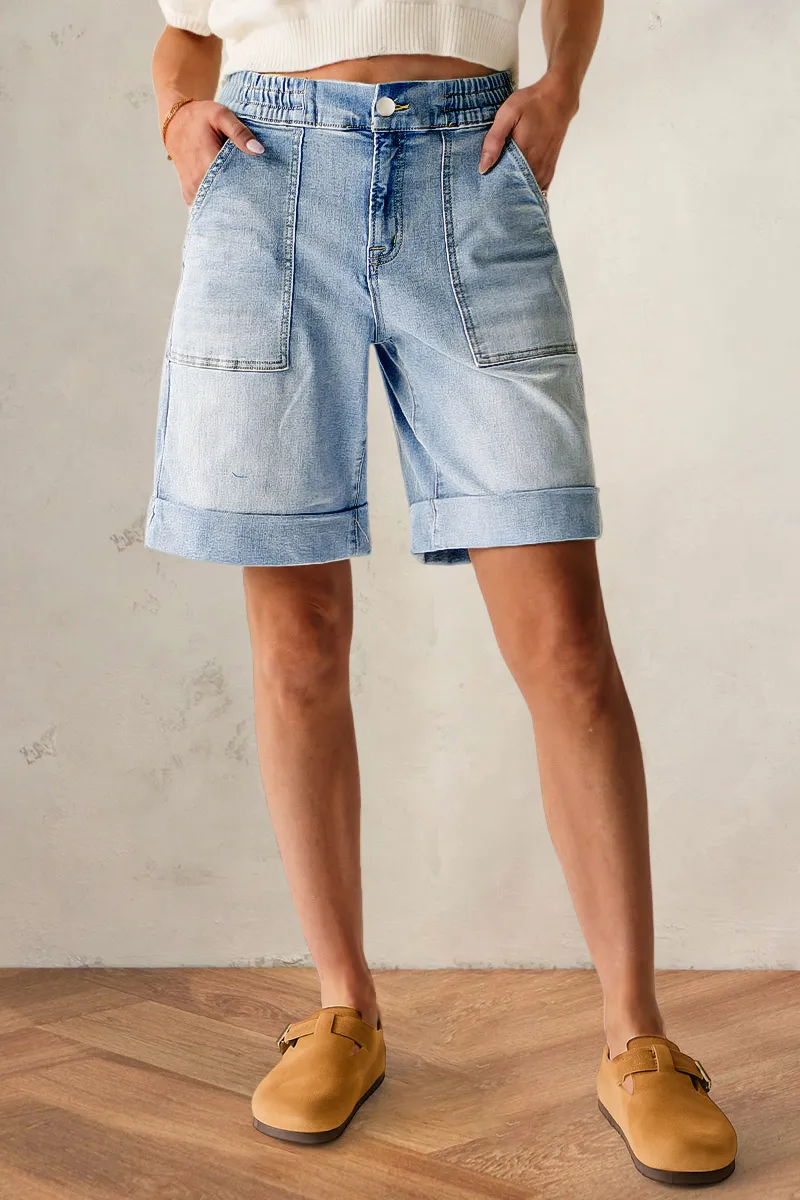 Roll Hem Patch Pocket Elastic Mid Rise Denim Bermuda Shorts