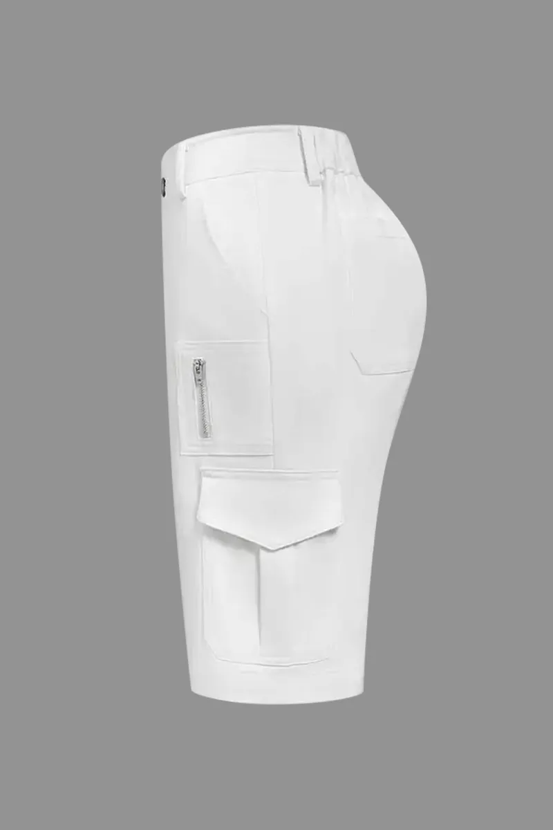 Solid Multi Pocket Mid Rise Bermuda Cargo Shorts