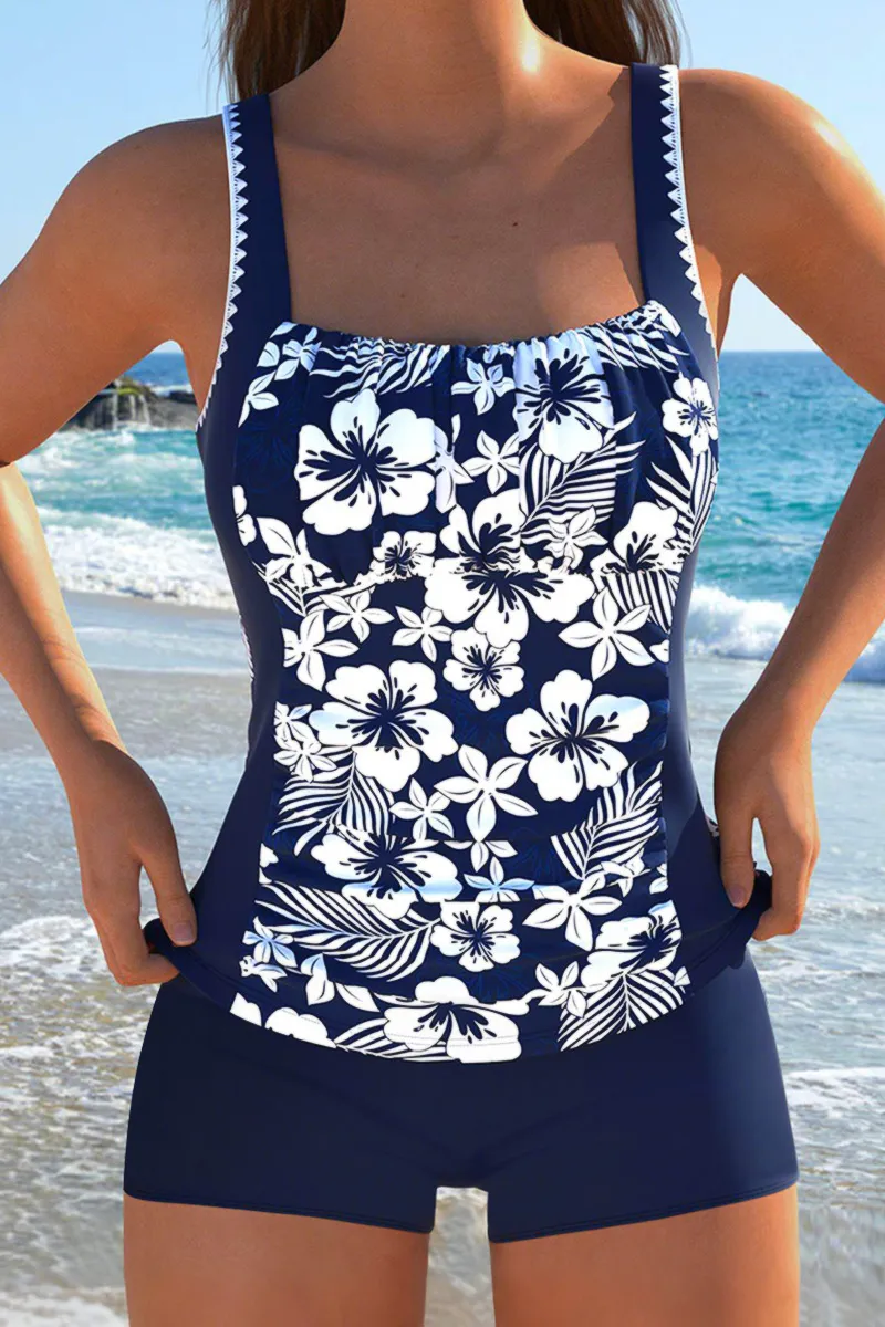 Floral Print Cut Out Back Tummy Control Tankini Set