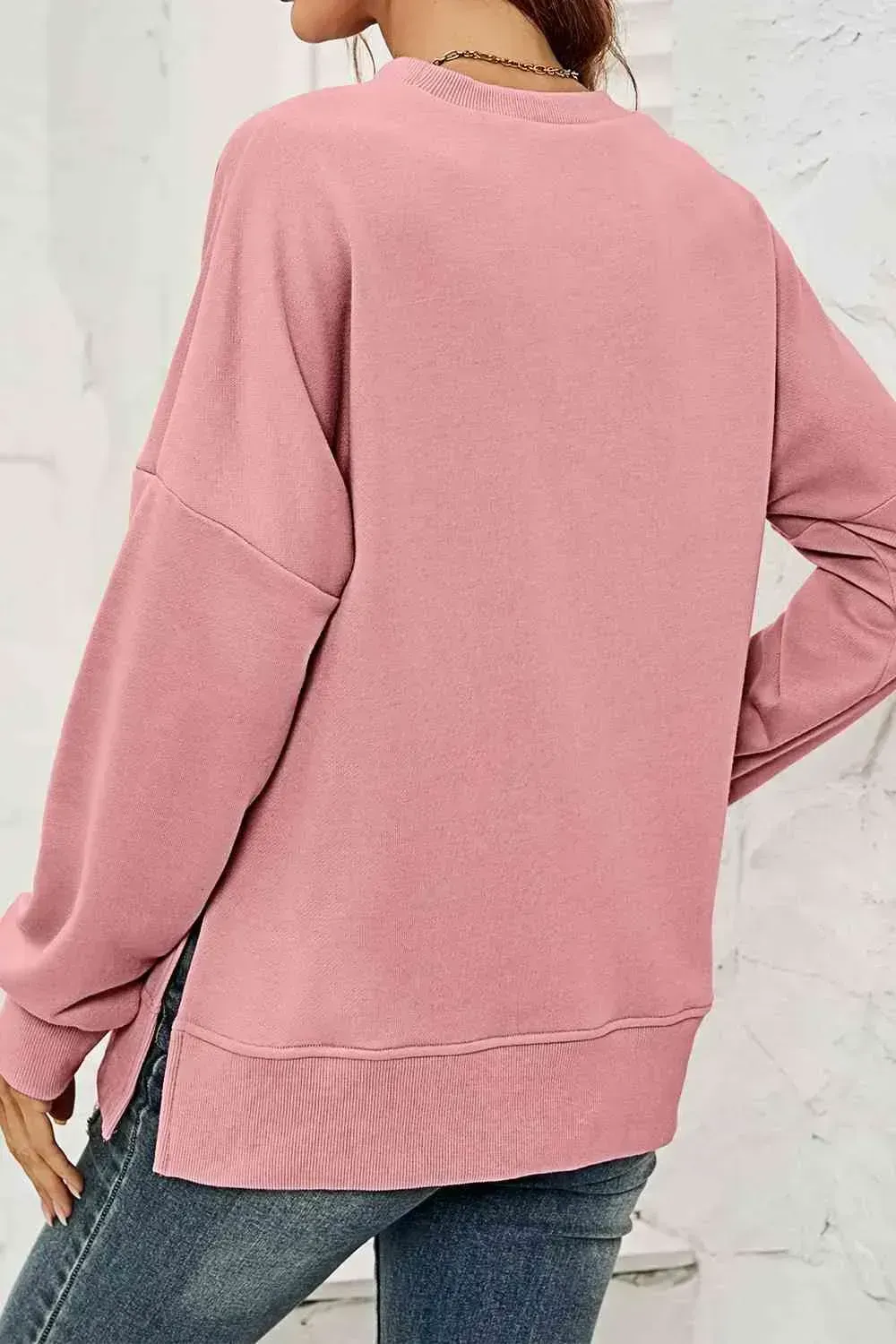 Round Neck  Dropped Shoulder Slit Sweatshirt AC
