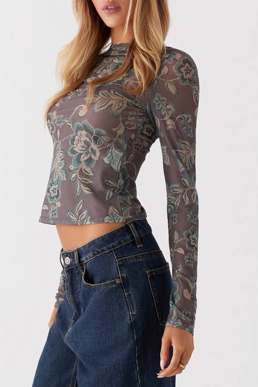 Long Sleeve Mesh Top - Brown Floral