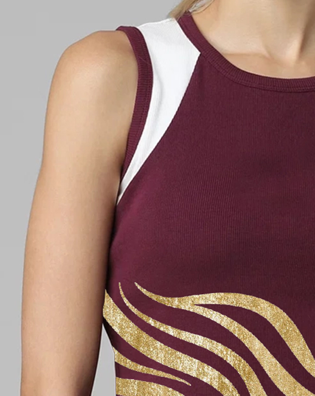 Maroon and White Wave Print Sleeveless Cropped T-shirt