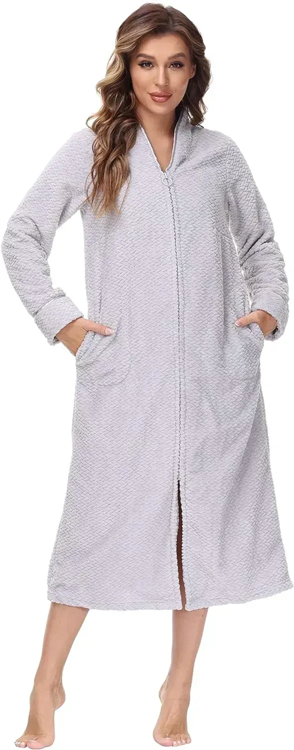 Embossed Plush Front Zipper Robe for Women - Full-Length Housecoat - Ladies Bathrobe with Pocket, Collar & Cuff, Chalky Rose, XS