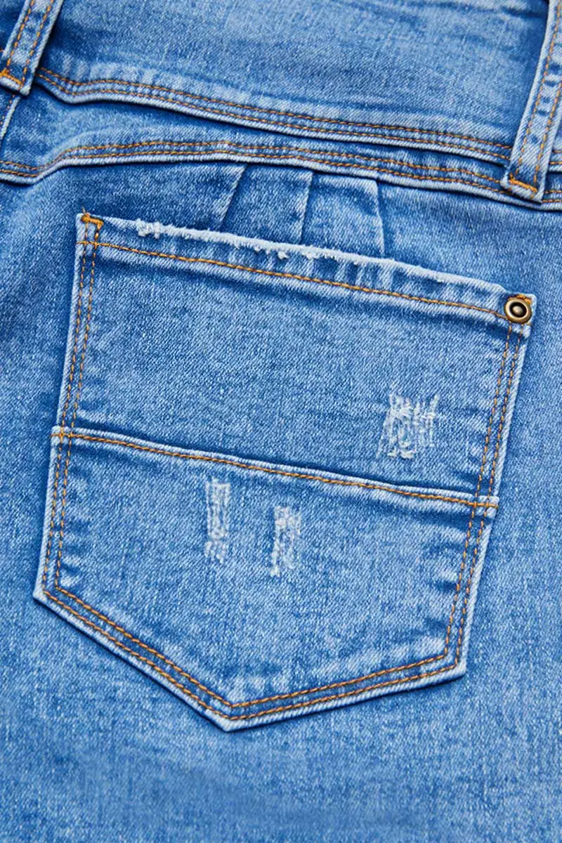 Wash Seam Front Button Fly High Rise Denim Bermuda Shorts