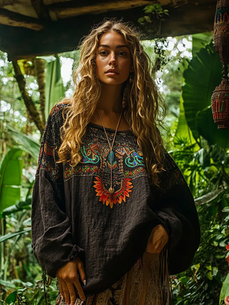 Retro Bohemian Resort Art Embroidery Print Cotton And Linen Blend Loose Blouse