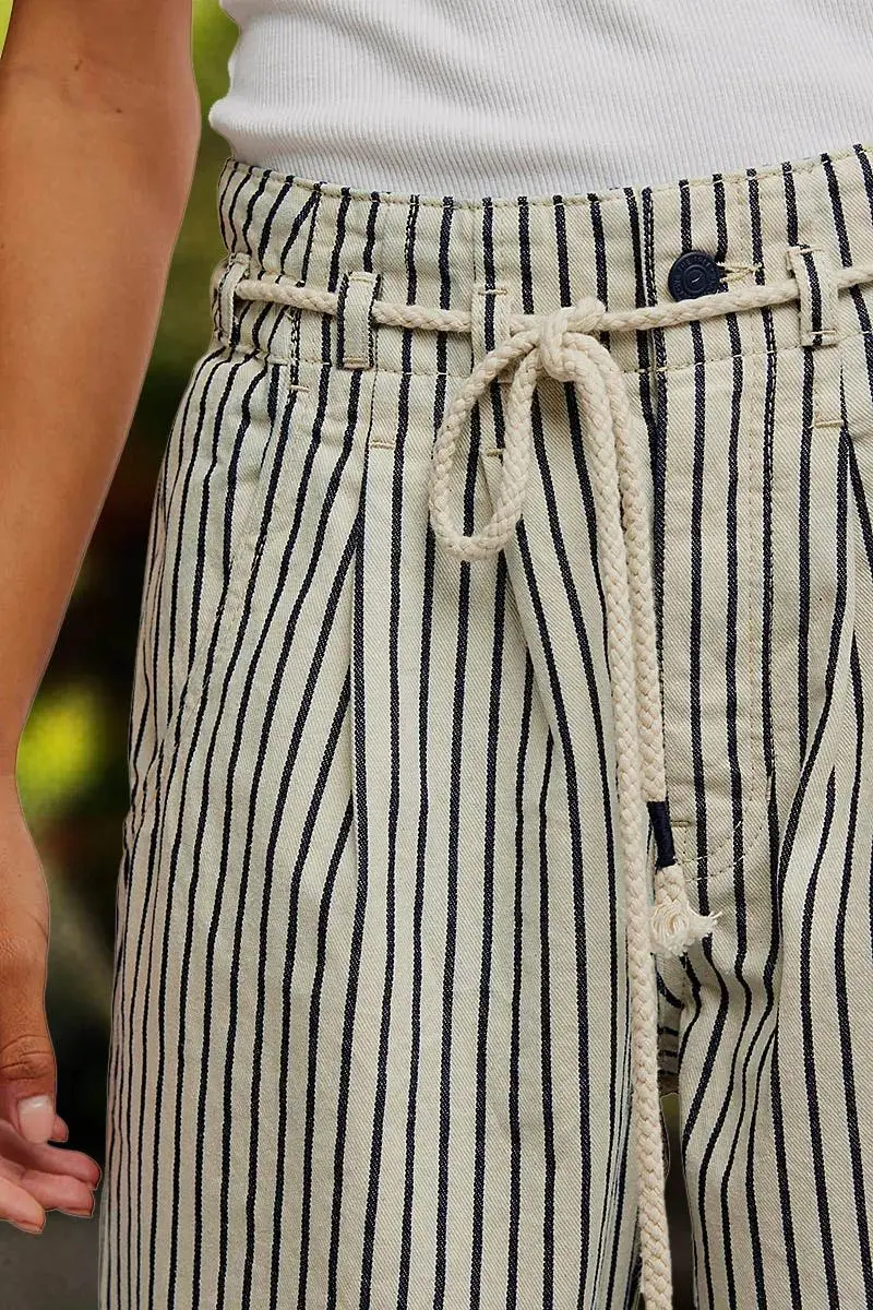 Striped Drawstring Pleated Mid Rise Straight Leg Pants