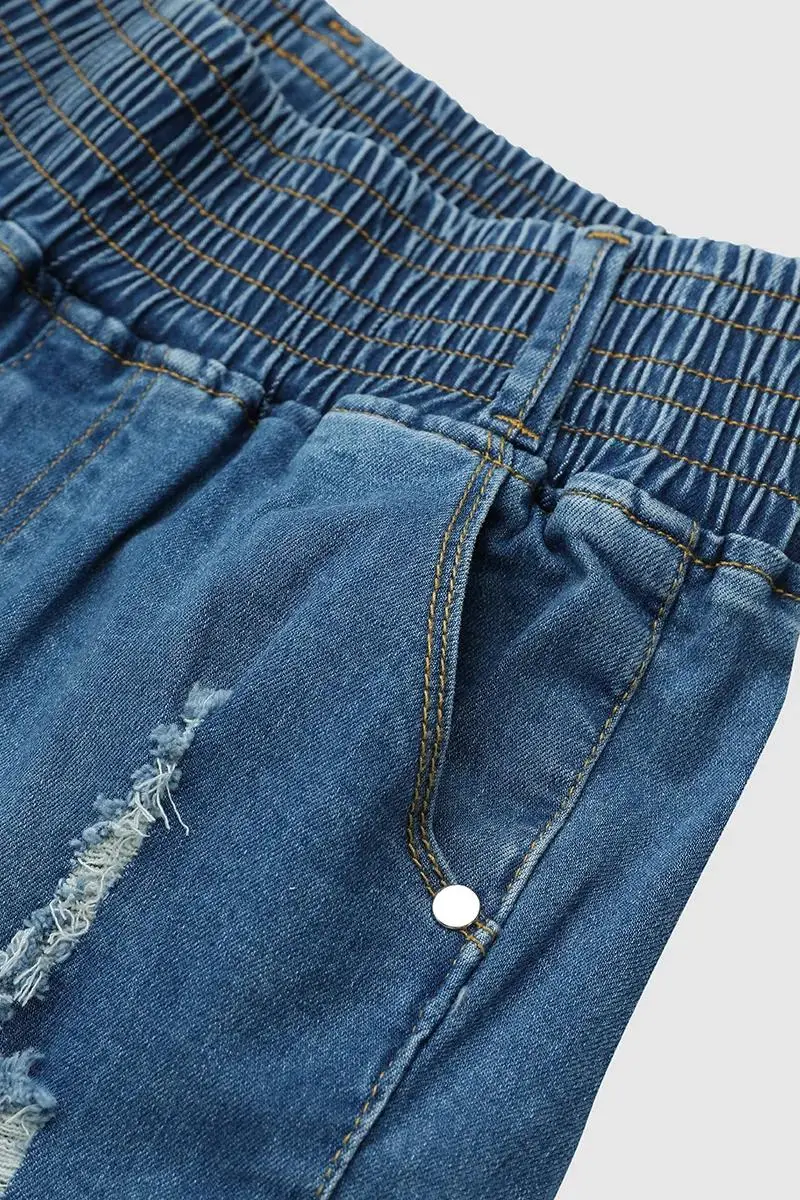 Ripped Flap Pocket Elastic High Waist Denim Bermuda Shorts