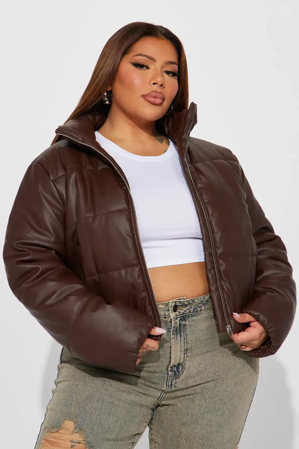 Vixen Faux Leather Puffer Jacket - Brown