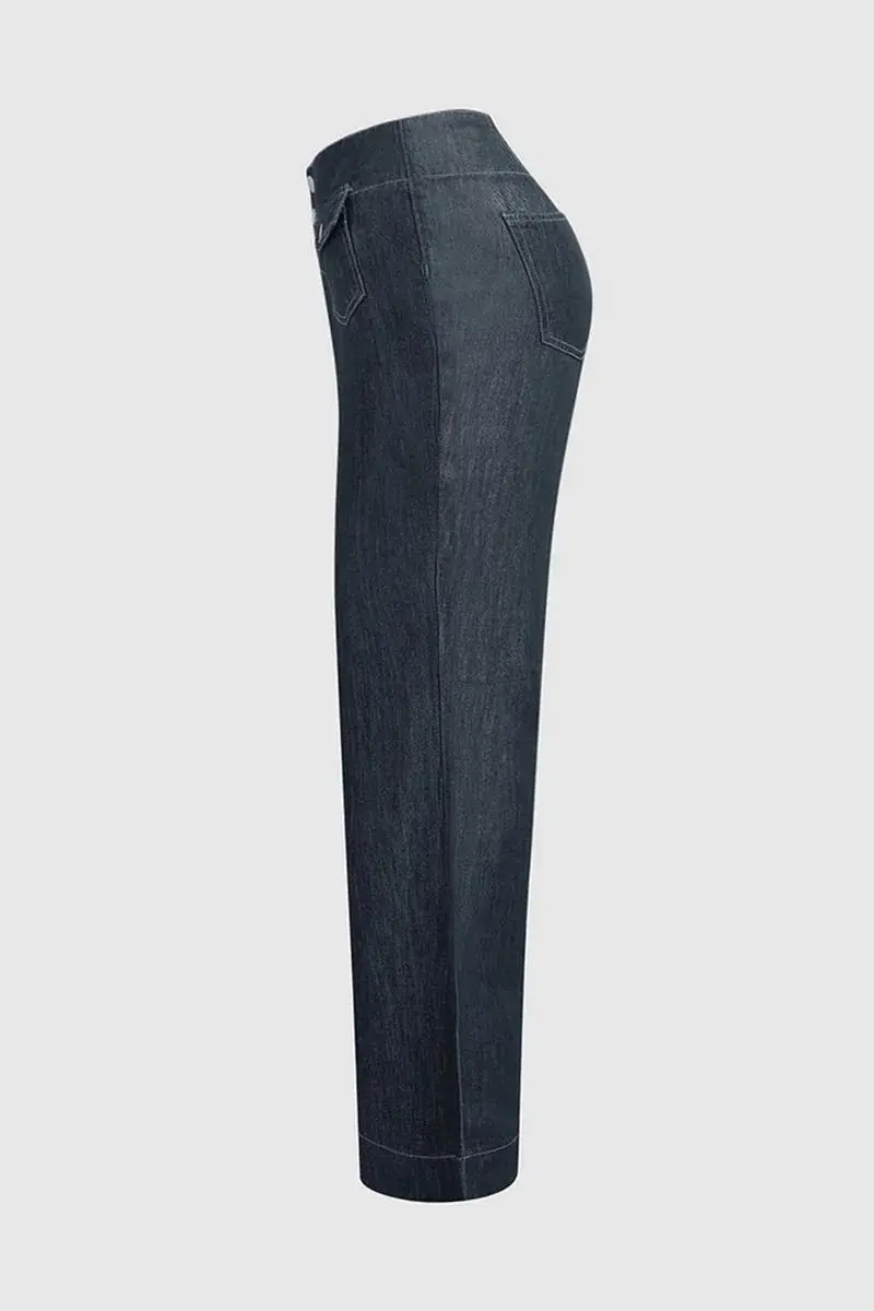 Flap Pocket Front Double Button Low Waist Wide Leg Jeans