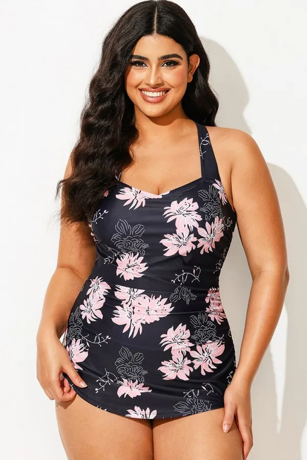 Floral Print H-Back Sarong Front One Piece Swimsuit