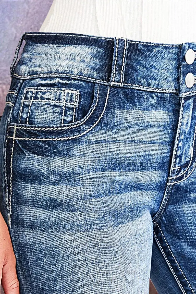 Embroidery Detail Raw Hem High Waist Denim Shorts