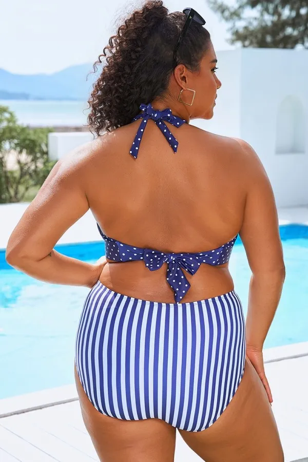 Blue Polka Dots Printed Halter Sexy Bikini Top