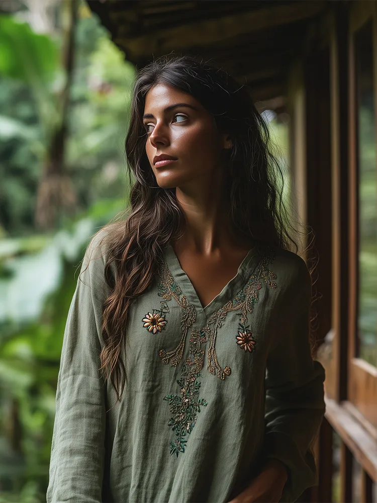 Vintage Bohemian Embroidered Linen V-neck Shirt