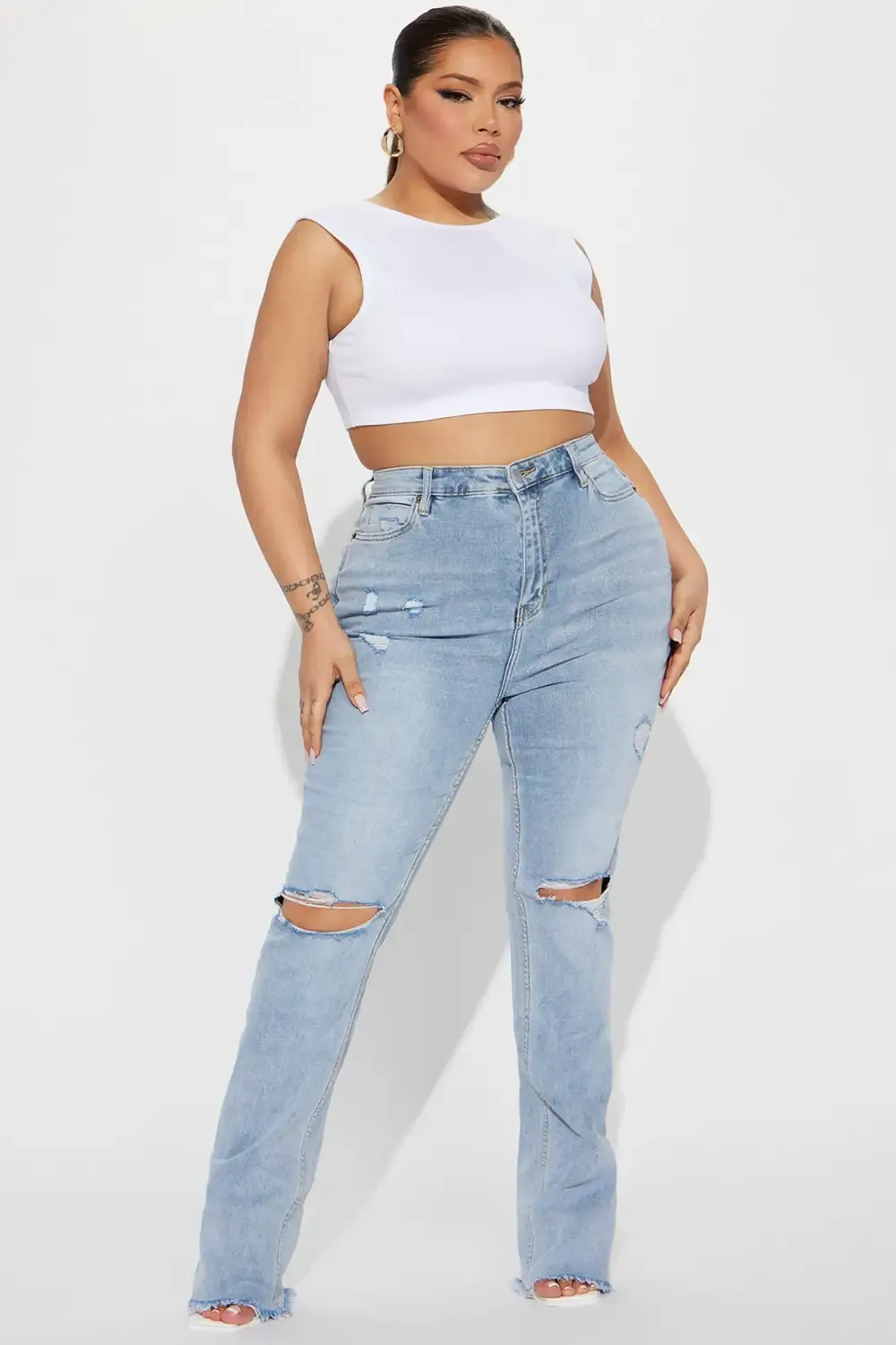 Really Rowdy Ripped Stretch Flare Jeans - Light Wash