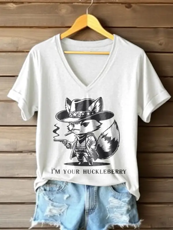 V-Neck Retro I'm Your Huckleberry Western Print T-Shirt