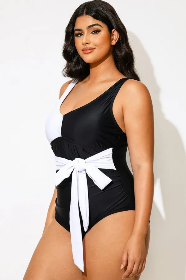 Black And White Adjustable Straps Self-tie One Piece Swimsuit