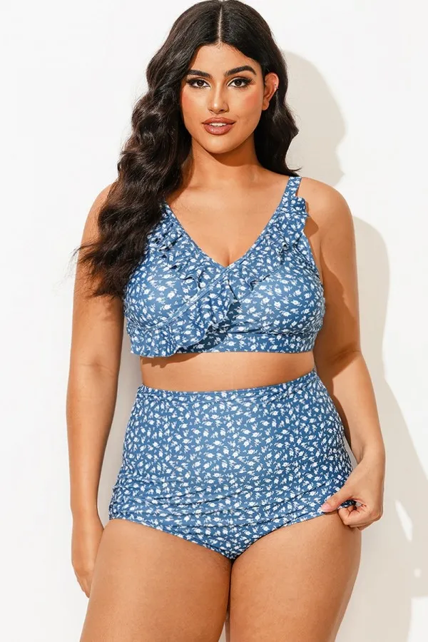 Plus Size Floral Print With Frill Details Elegant Bikini Top
