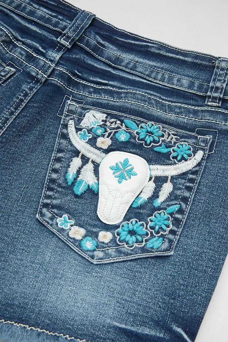Bull & Floral Embroidered Raw Hem Mid Rise Denim Shorts