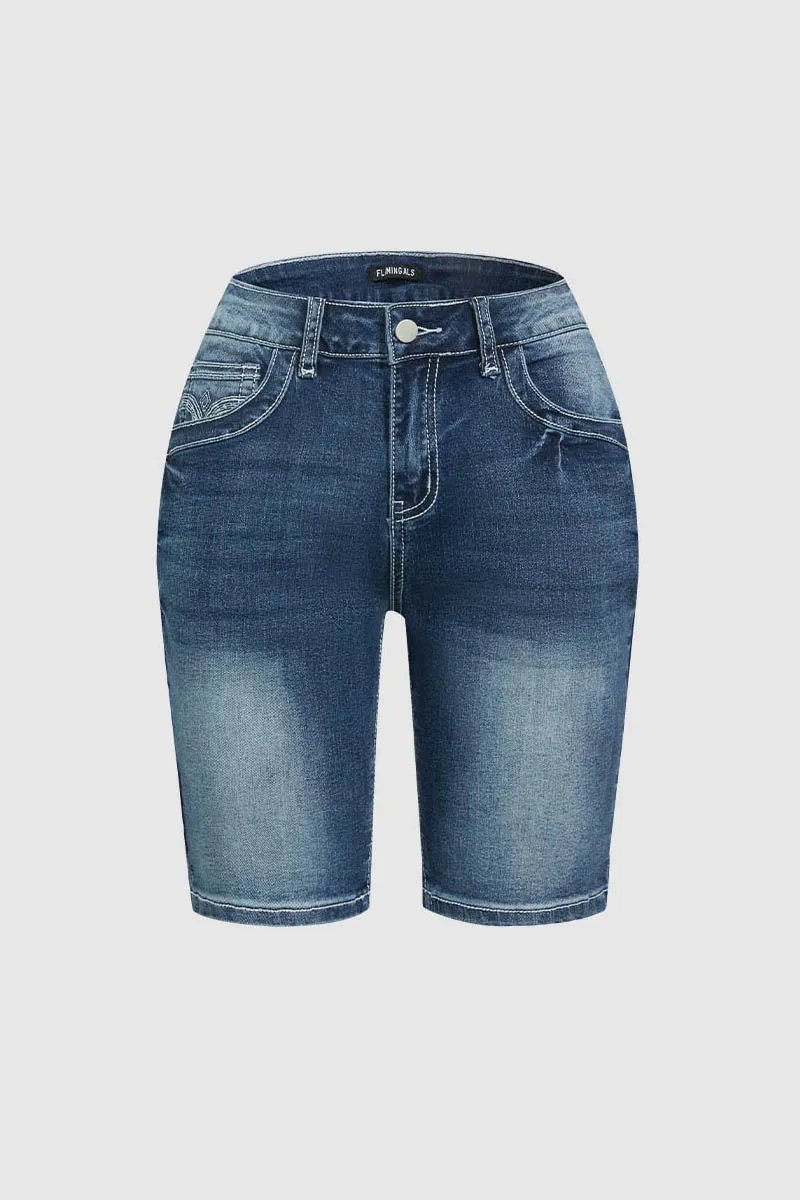 Embroidery Flap Pocket High Rise Denim Mid Thigh Shorts