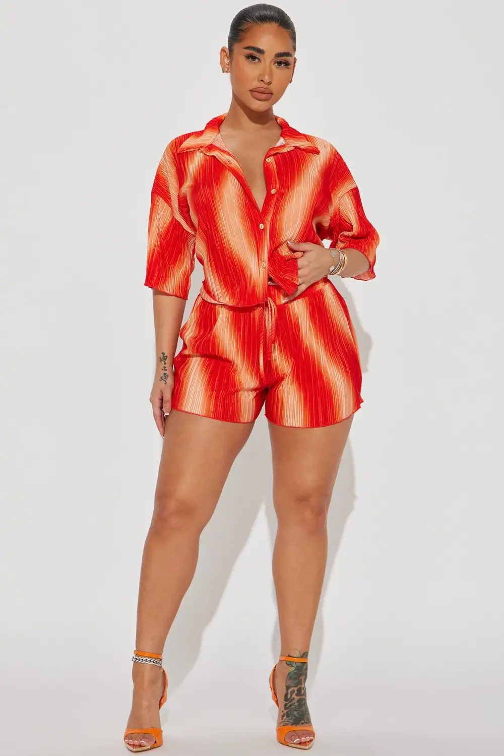 Adella Plisse Short Set - Orange