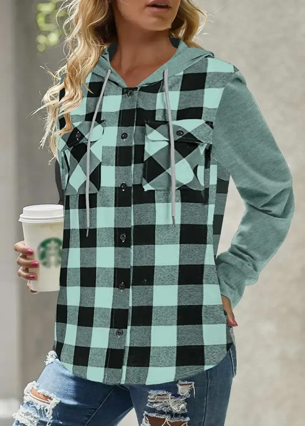 Mint Green Pocket Plaid Long Sleeve Hoodie
