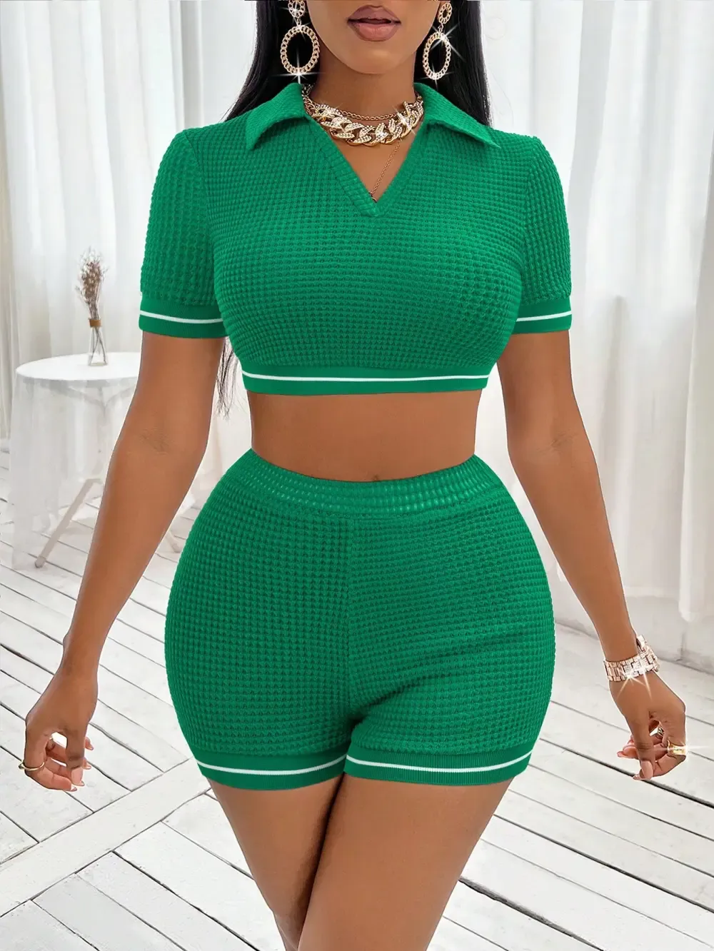 Waffle Knit Crop Tee & Biker Shorts