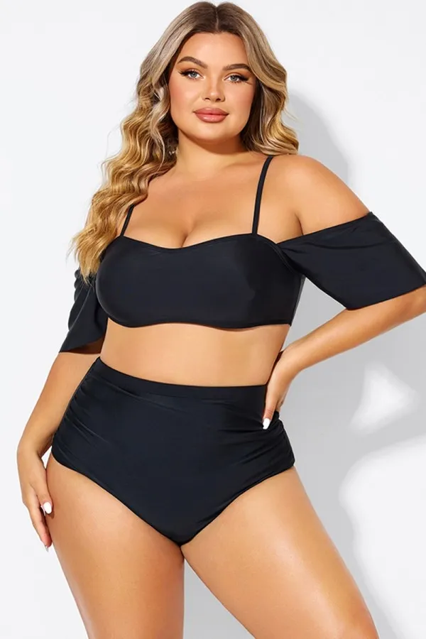 Black Lace Up Off the Shoulder Ruffle Bikini Top