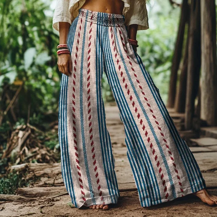Vintage Bohemian Striped Art Women's Linen Blend Casual Pants