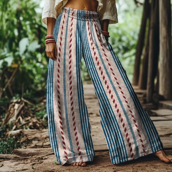 Vintage Bohemian Striped Art Women's Linen Blend Casual Pants
