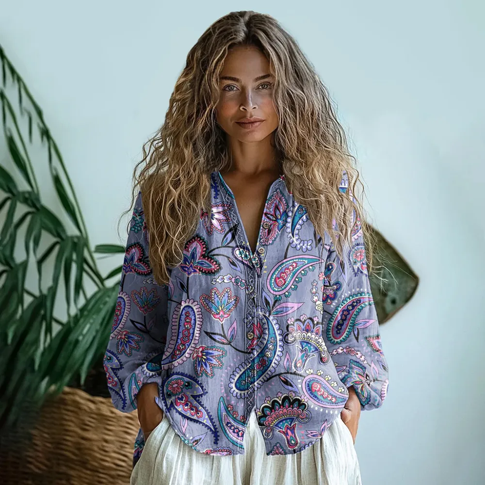 Bohemian Style Paisley Linen Print  Long Sleeve Shirt
