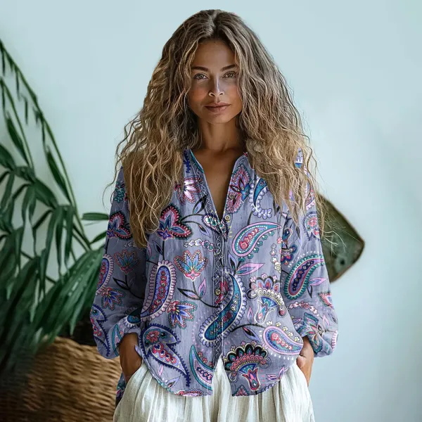 Bohemian Style Paisley Linen Print  Long Sleeve Shirt