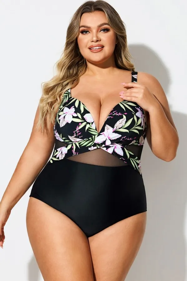 V-Neck Floral Print Wrap One Piece Swimsuit