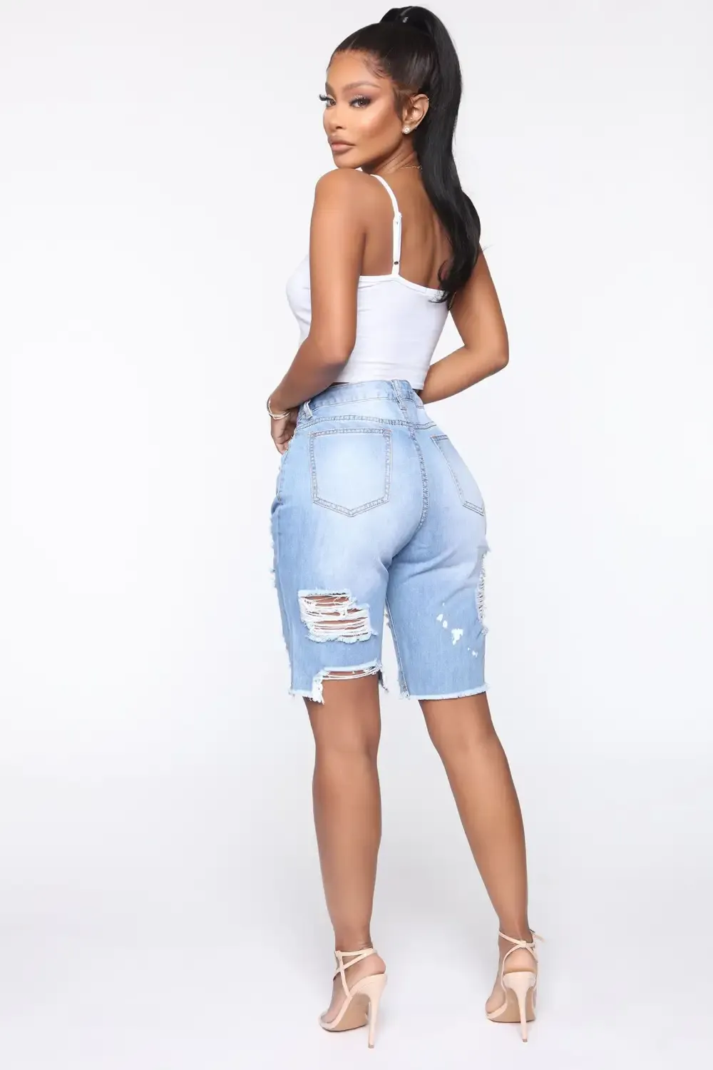 Victory Is Mine Denim Long Line Shorts - Light Blue Wash