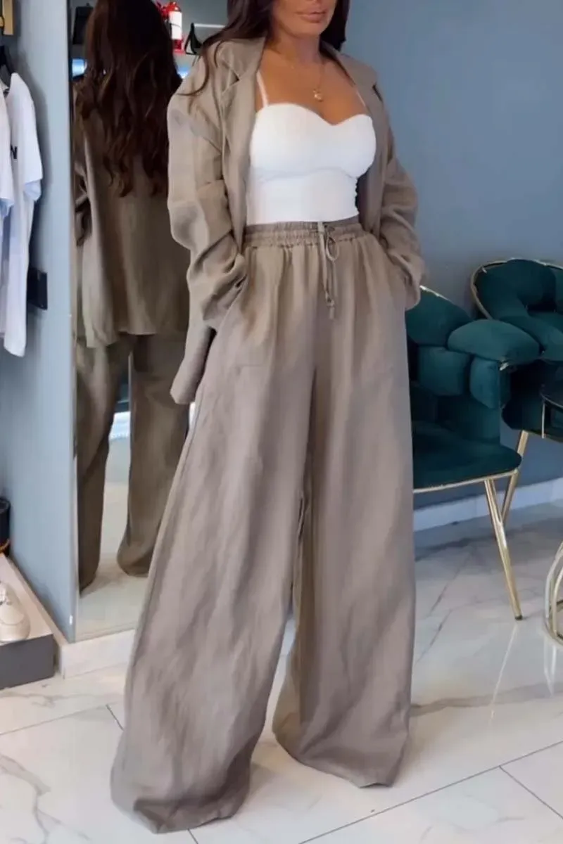 Women's casual suit wide leg pants cotton and linen two-piece set