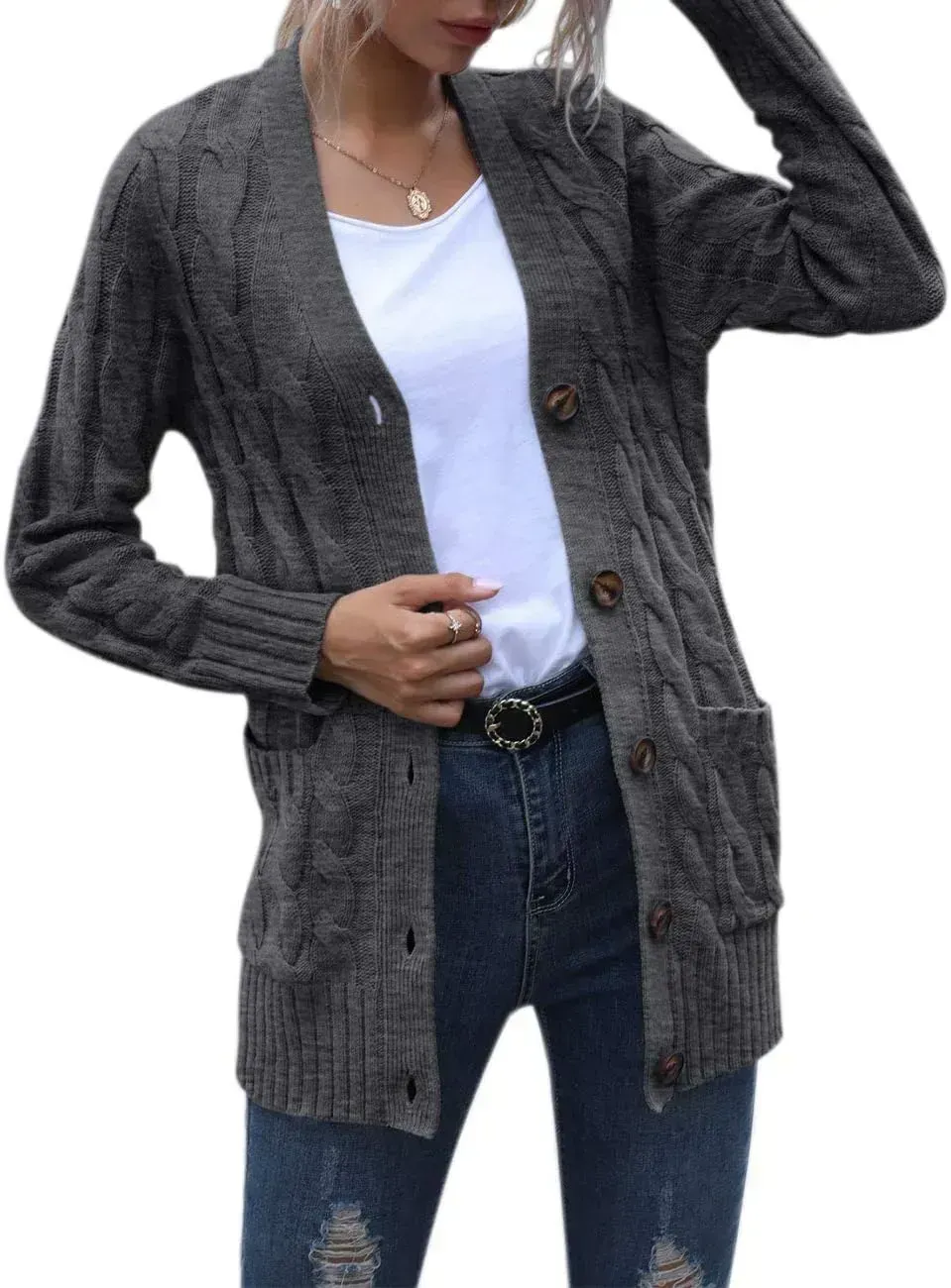 MEROKEETY Women's 2024 Fall Long Sleeve Cable Knit Sweater Open Front Cardigan Button Loose Outerwear