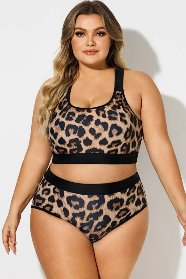 Plus Size Leopard Print Square Neck Bikini Top