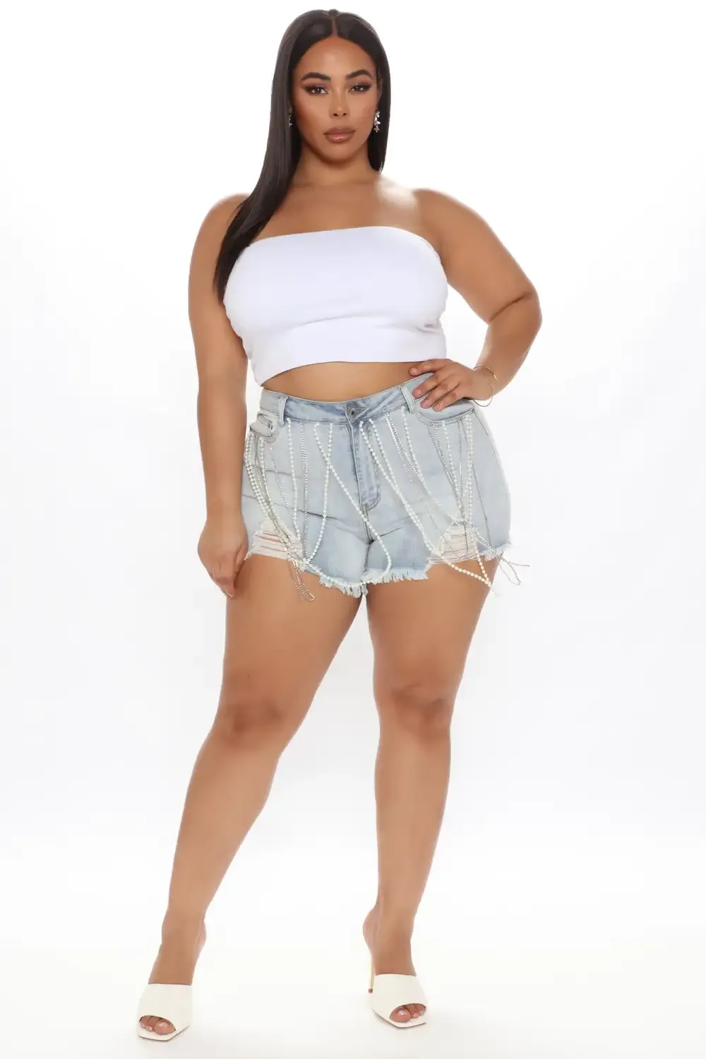 Material Girl World Embellished Denim Shorts - Light Blue Wash