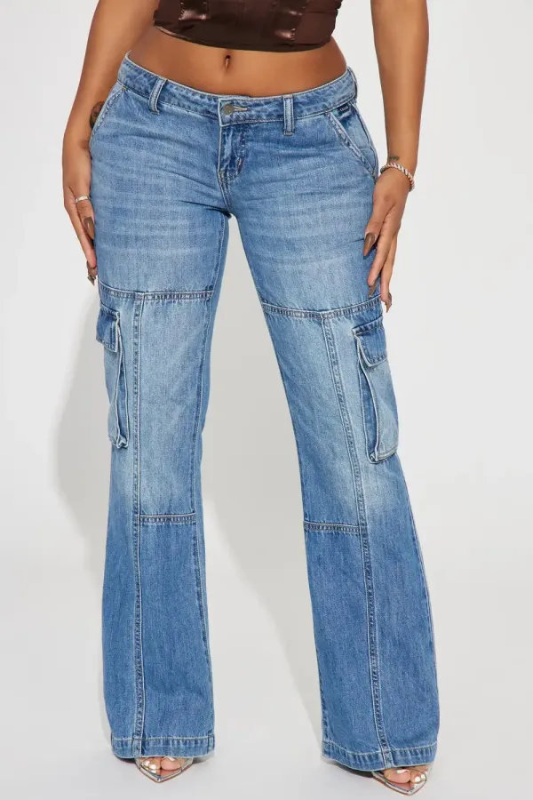 Dropping By Cargo Flare Jeans - Medium Wash