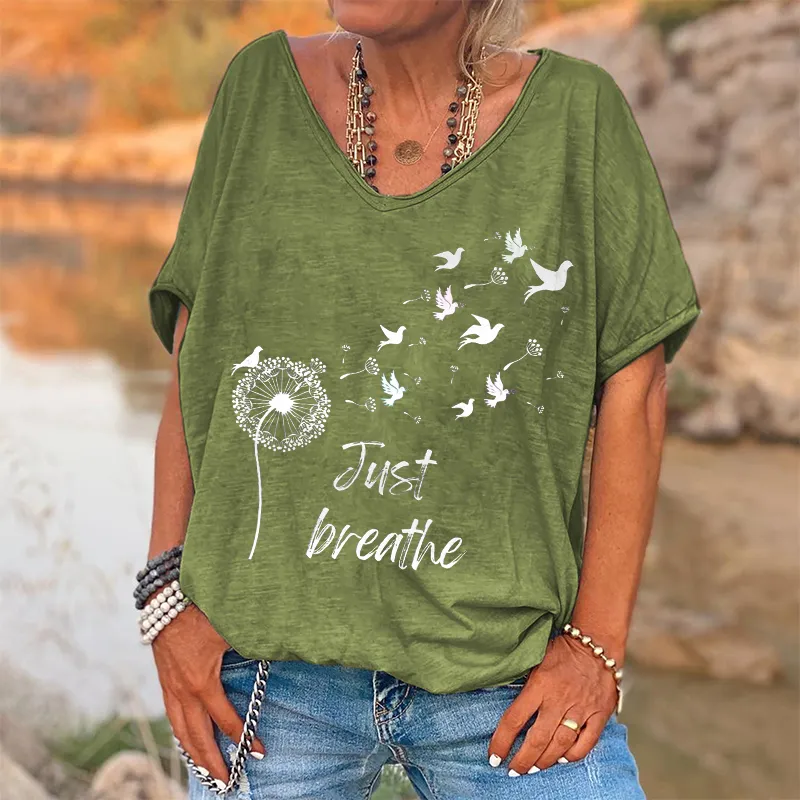 Just Breathe Printed Women's V-neck T-shirt