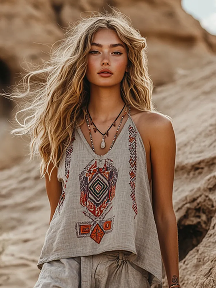 Women's Bohemia Ethnic Style Linen V-neek Sleeveless Top