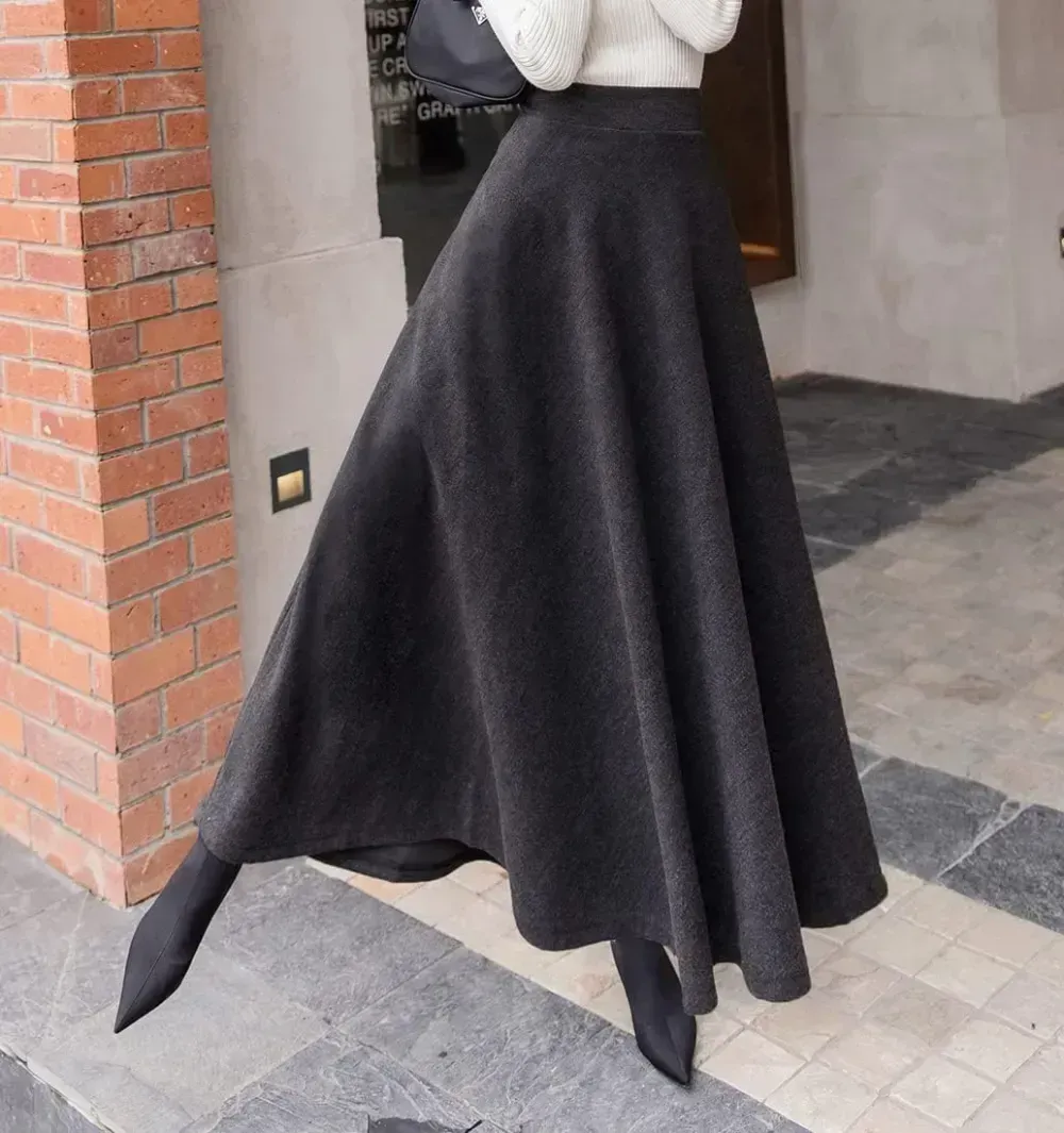 Women's Winter Elegant Warm Long Skirt Wool Maxi Skirts Elastic Waist A-Line High Waist Plaid Pleated Skirt S-3XL