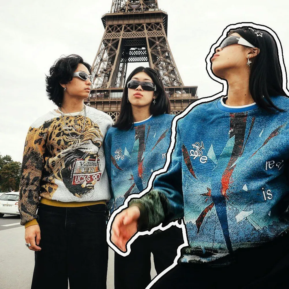 Blue Sweater Renaissance Street Wear Fashion Printing Seasonal Trend Special Design