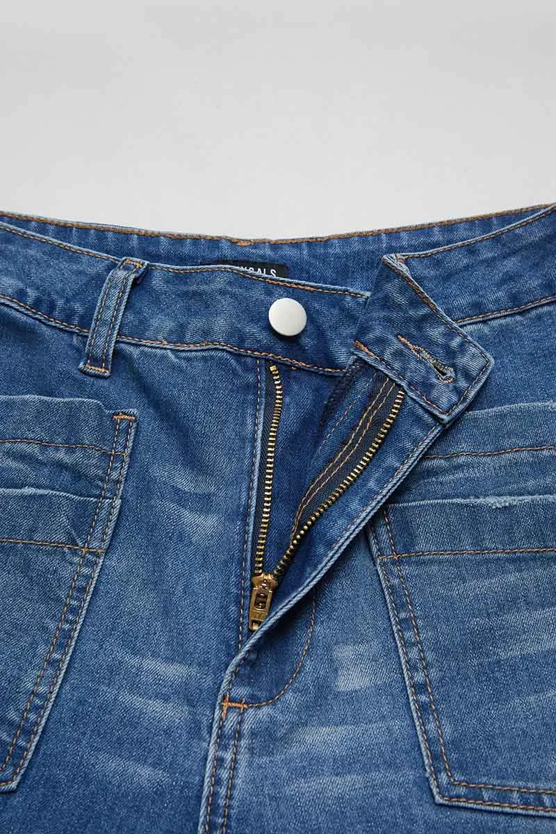 Wash Stitch Detail Raw Hem Wide Leg Mid Rise Jeans