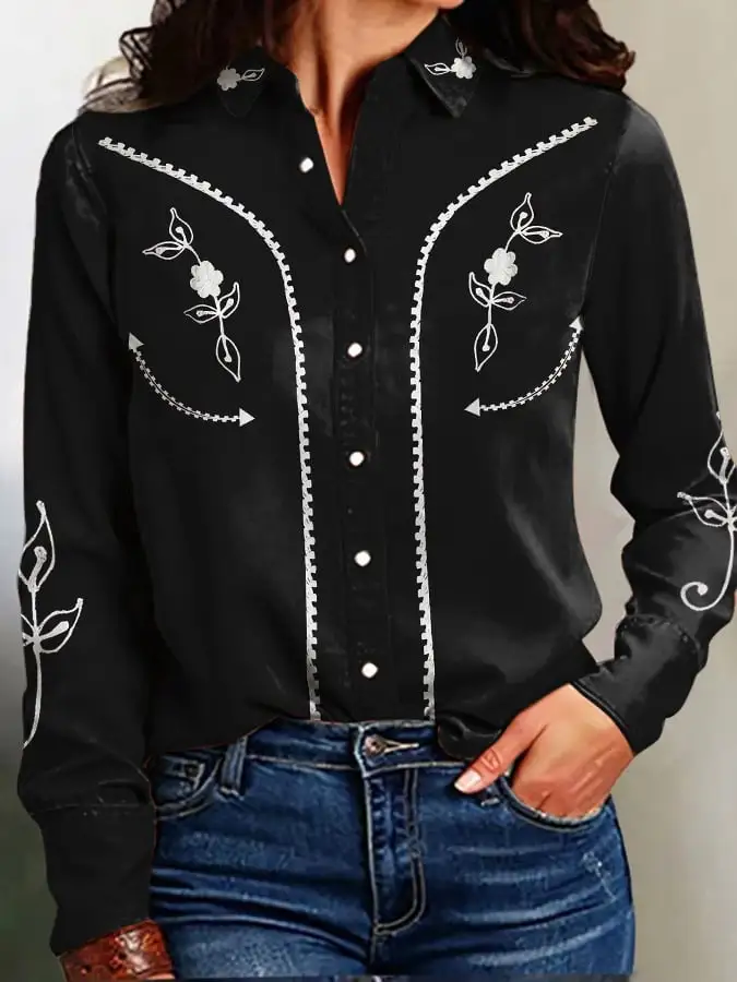 Women's Vintage Western Print Long Sleeve Shirt