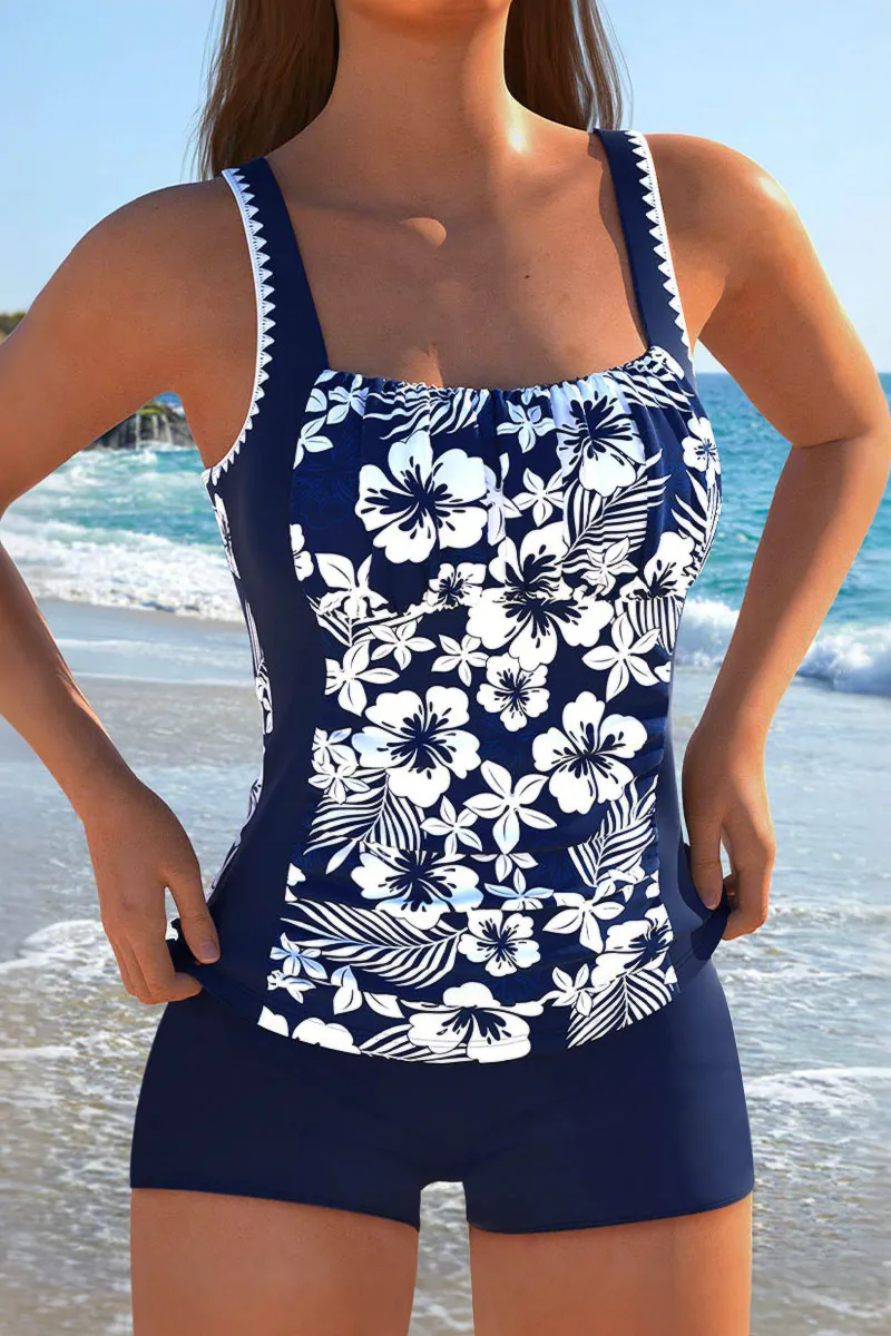 Floral Print Cut Out Back Tummy Control Tankini Set