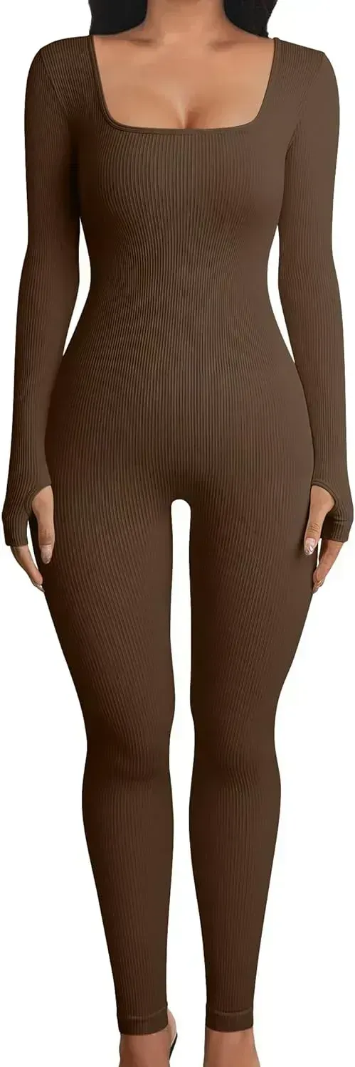 Women Yoga Jumpsuits Workout Ribbed Long Sleeve Sport Jumpsuits