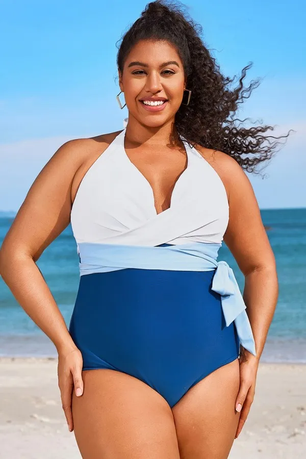 Colorblock Halter Wrap Design One Piece Swimsuit