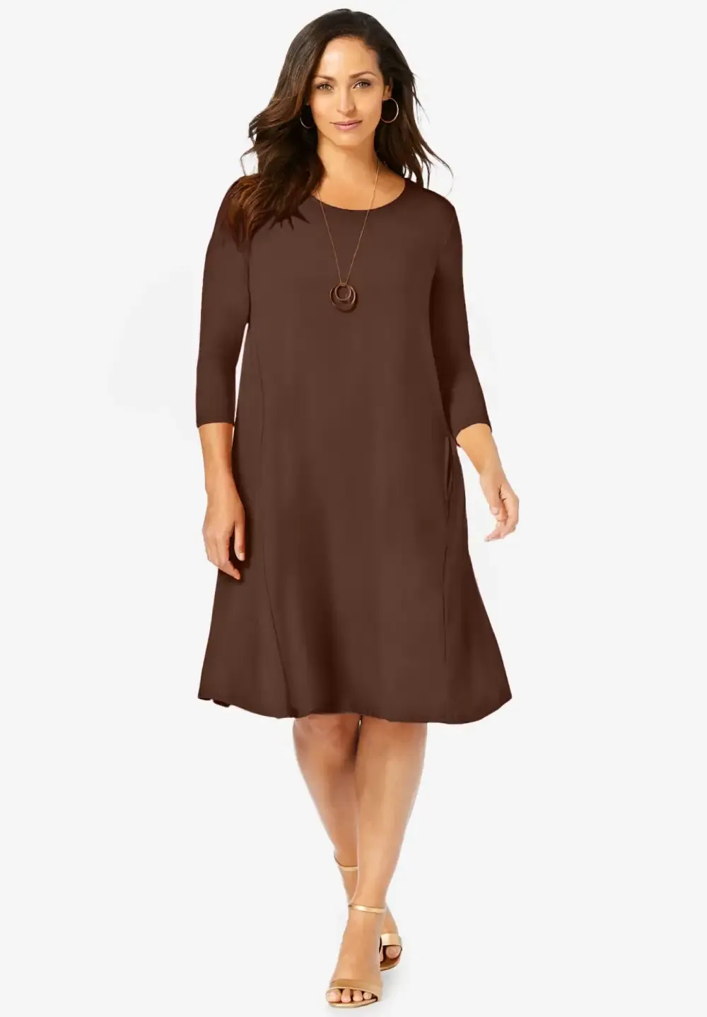 Stretch Knit Three-Quarter Sleeve T-shirt Dress