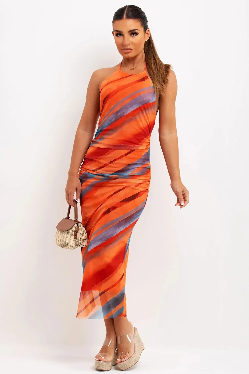 Printed Tulle Midi Dress Orange